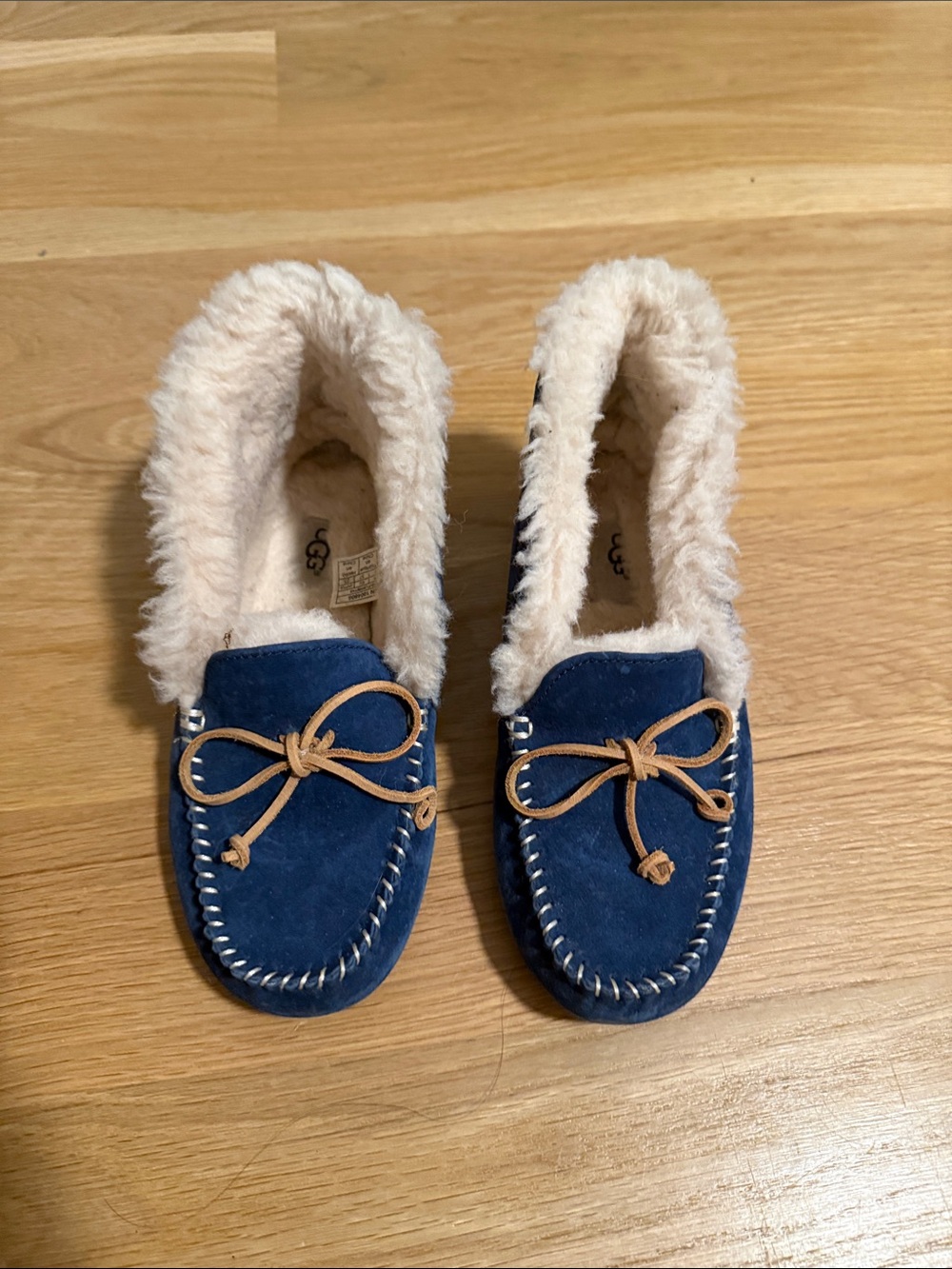 UGG Navy Blue Suede Moccasin Slippers with Cream Shearling